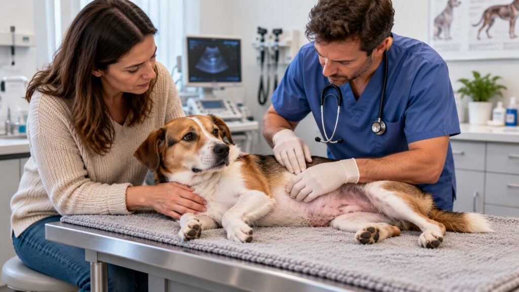 Veterinarian examining a dog's abdomen while its owner discusses possible intestinal parasite symptoms.