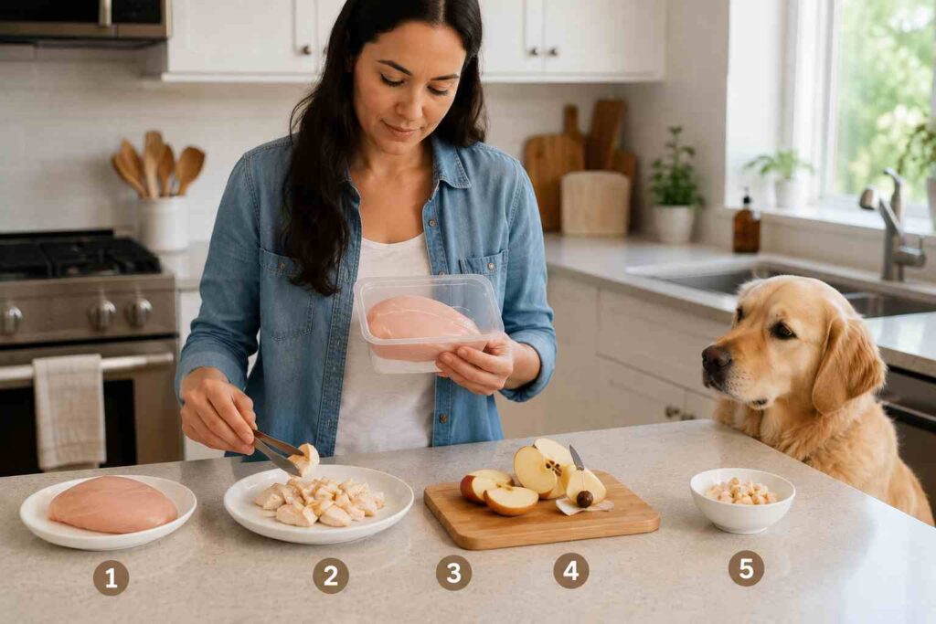 Dog owner checking ingredients, preparation, food hazards, and portion size before sharing food with a dog.