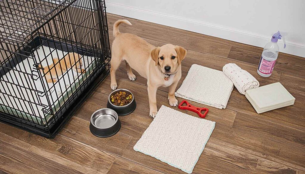Puppy training setup with crate puppy pads toys treats and a designated potty area