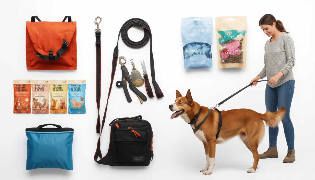 Dog owner preparing for leash training with a harness leash treats and training equipment