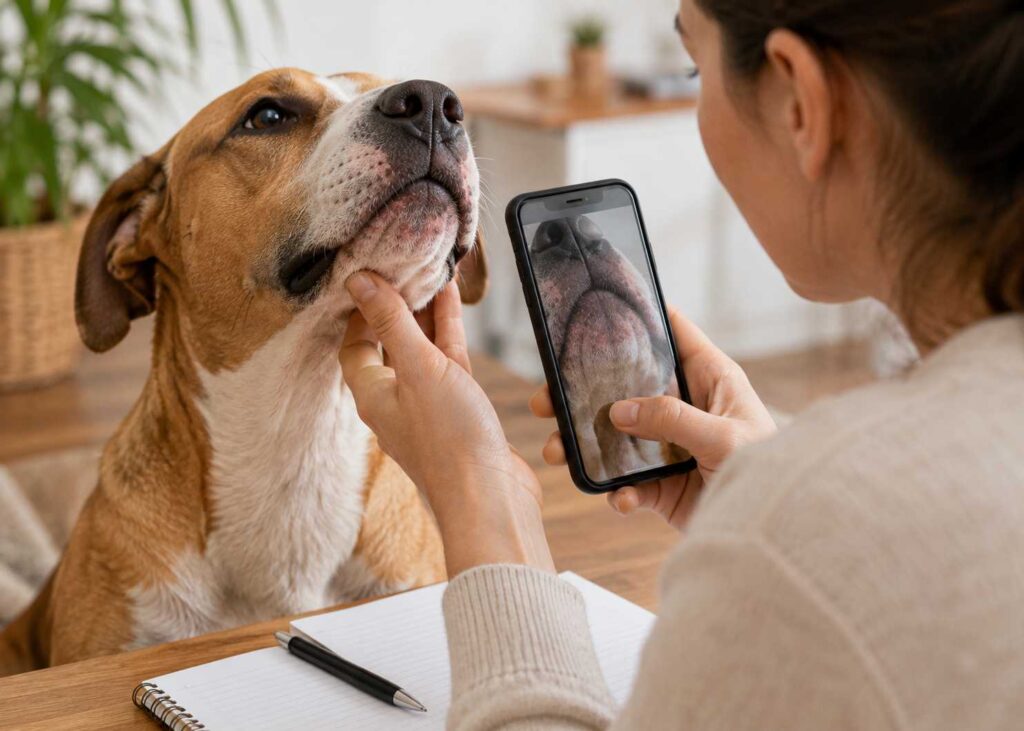 Dog owner taking a close-up photo of a small chin bump to monitor its appearance and changes over time.