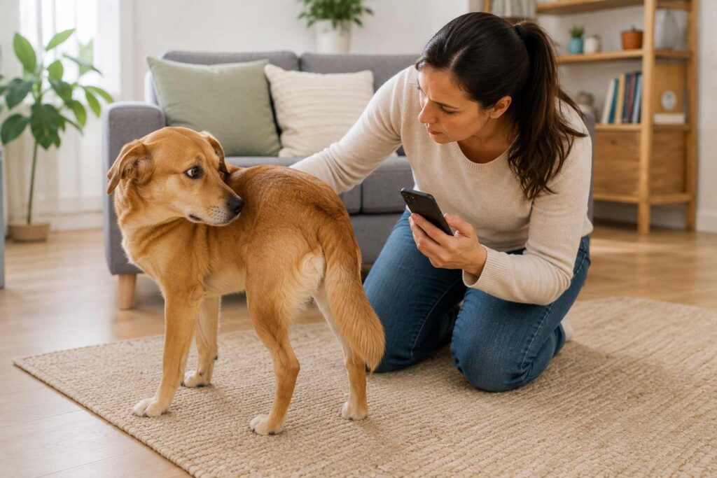 Owner gently observing a dog's rear area for signs of irritation after scooting