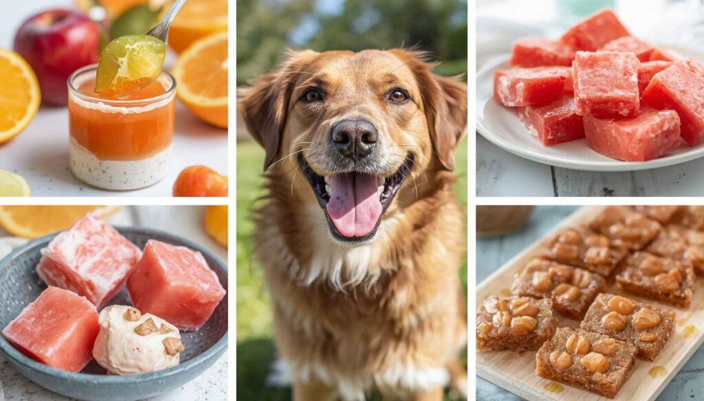 Happy dog enjoying healthy frozen treats and fresh fruit on a warm day