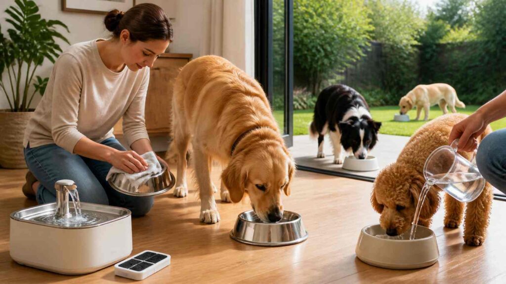 Healthy dogs drinking fresh clean water from bowls placed around the home