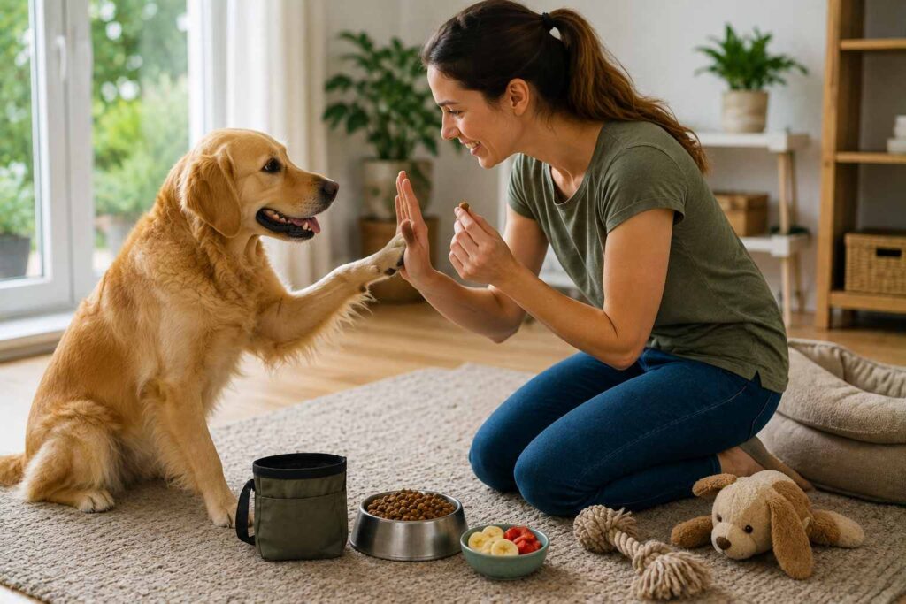 Dog receiving kibble, praise, play, and a small portion of dog-safe fruit as alternatives to sugary treats.