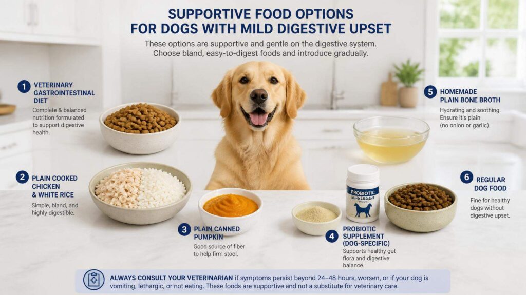 Veterinary gastrointestinal diet, plain chicken and rice, pumpkin, probiotics, bone broth, and regular dog food displayed for comparison.