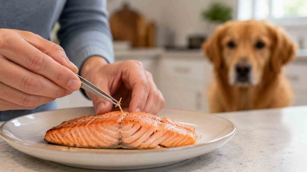 Dog owner removing a small pin bone from cooked salmon with kitchen tweezers before feeding