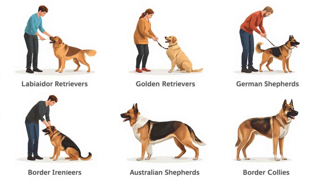Different dog breeds participating in obedience training sessions with their owners