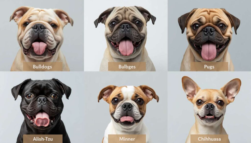 Bulldog Pug Shih Tzu and Chihuahua dogs naturally showing their tongues due to facial structure