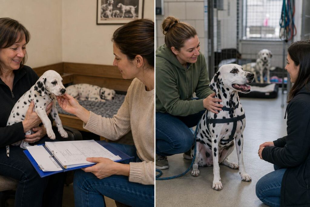 Prospective owners meeting a Dalmatian puppy from a responsible breeder and an adult Dalmatian at a rescue