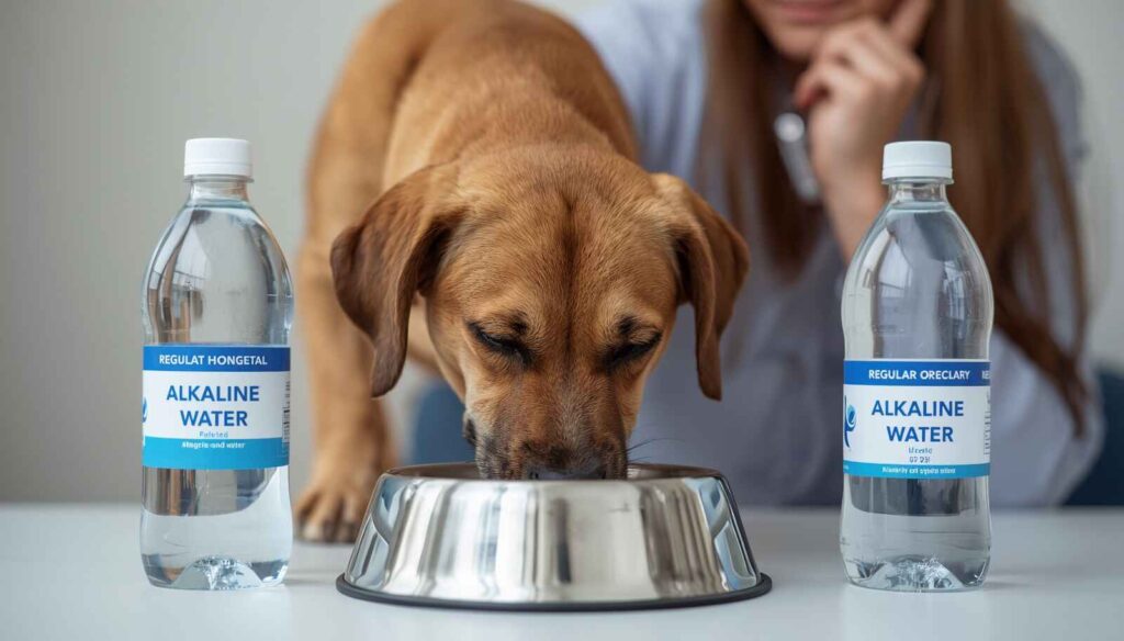 Healthy dog drinking water from a bowl beside alkaline water and regular water containers