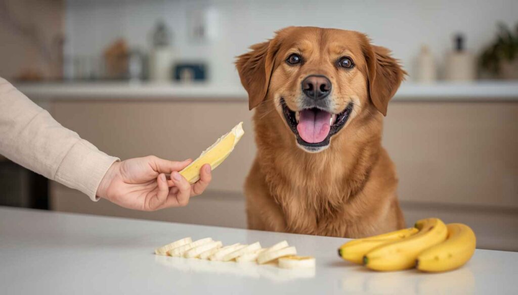 Happy dog sitting beside fresh banana slices while receiving a banana treat from its owner