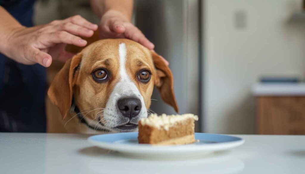 Curious dog looking at a slice of cake while owner keeps it out of reach
