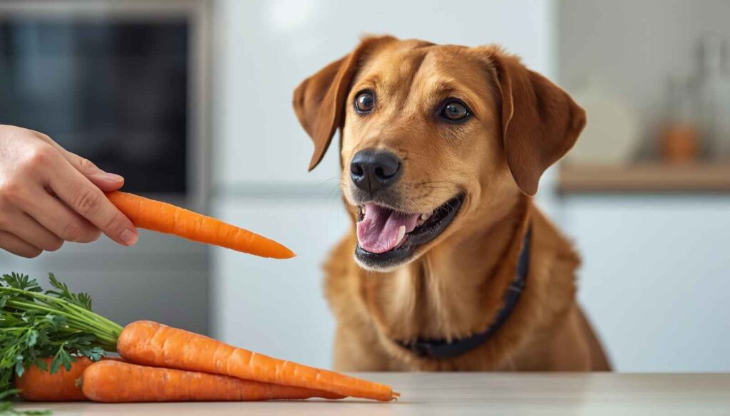 Happy dog sitting beside fresh carrots while receiving a carrot treat from its owner