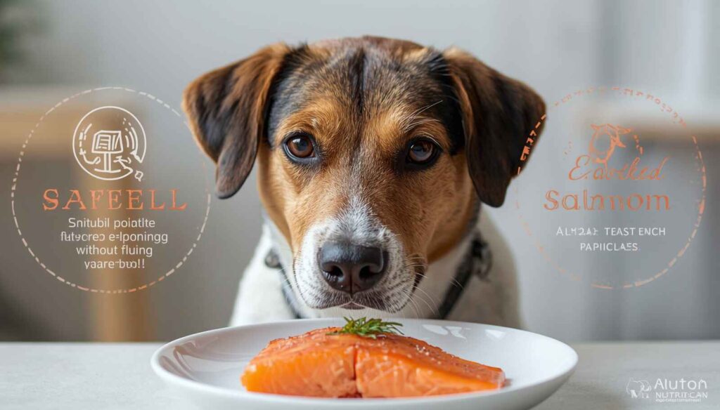 Dog being served plain fully cooked salmon prepared safely for canine consumption