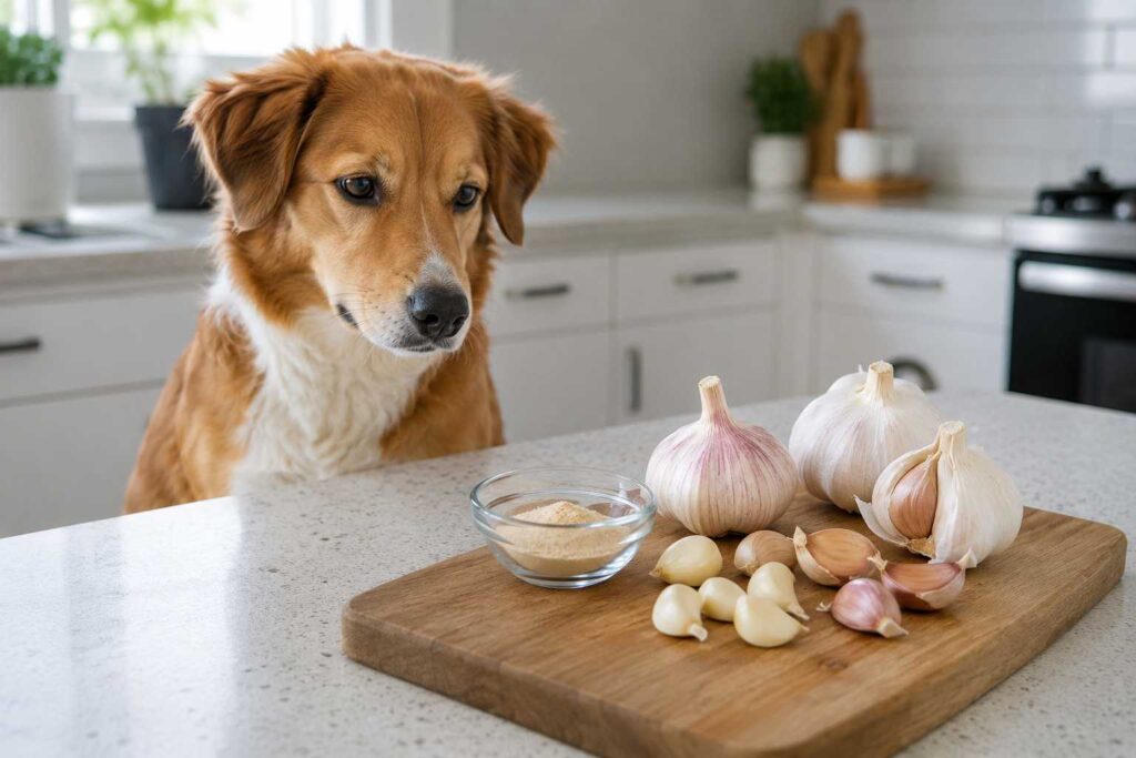 Dog sitting safely near fresh garlic cloves and garlic powder in a kitchen.