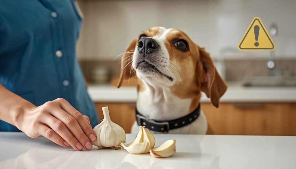 Curious dog looking at fresh garlic cloves while owner keeps them out of reach