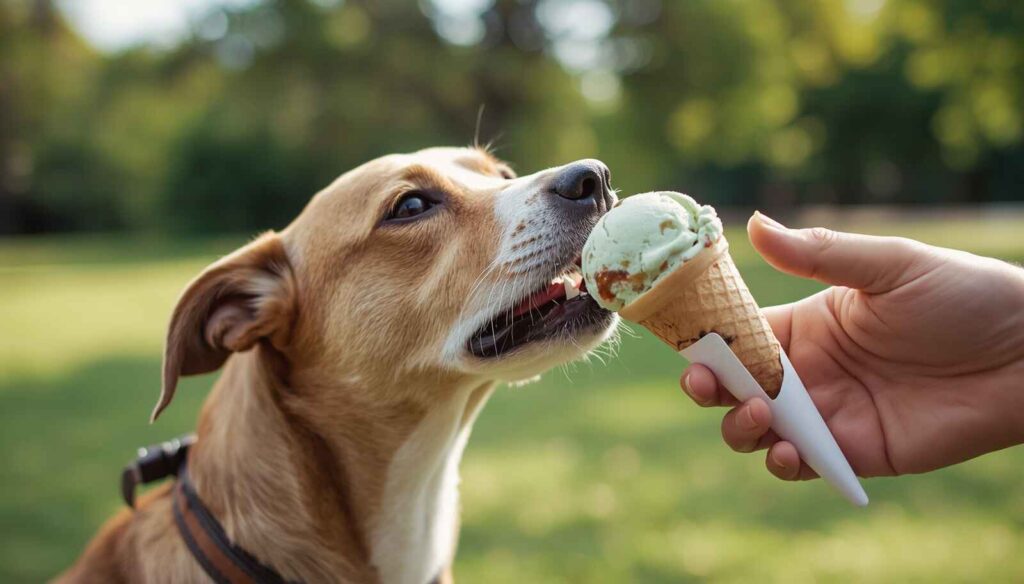 Curious dog looking at an ice cream cone while owner keeps it out of reach