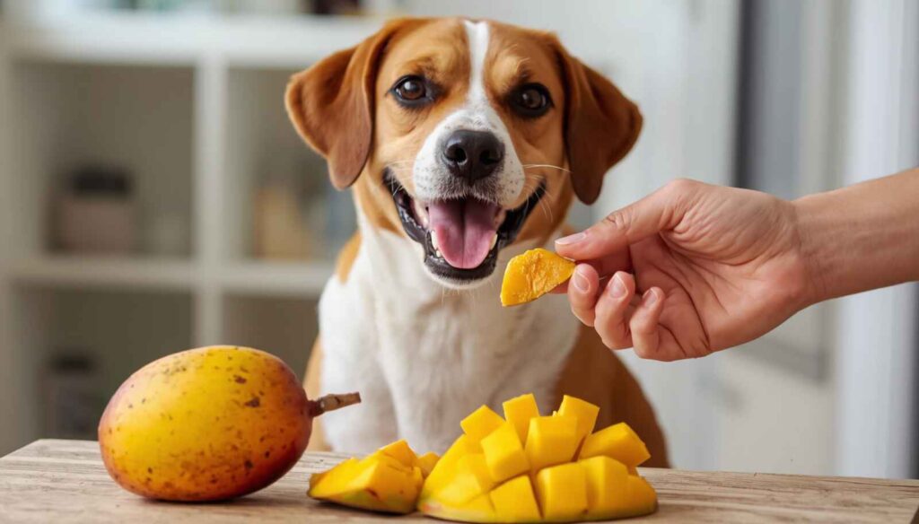 Happy dog sitting beside fresh mango slices while receiving a mango treat from its owner