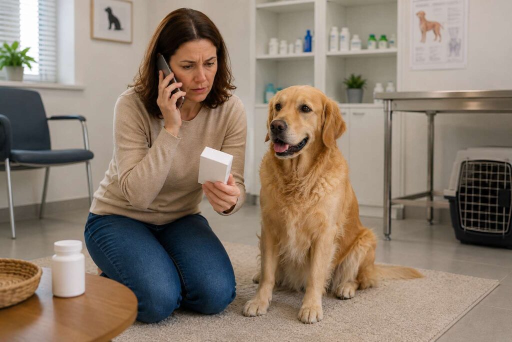 Concerned dog owner calling a veterinarian after discovering possible paracetamol exposure