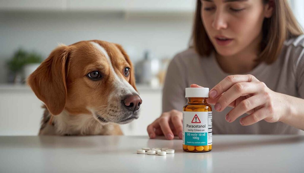 Dog near a bottle of paracetamol while owner safely removes the medication