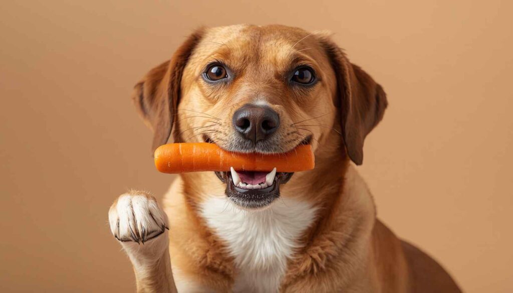 Dog safely chewing on a raw carrot stick as a healthy snack