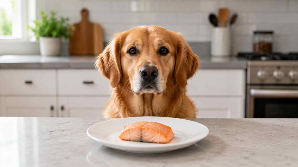 Dog looking at a plate of plain cooked boneless salmon in a home kitchen