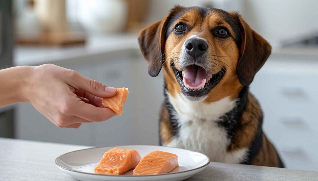 Healthy dog sitting beside a plate of cooked salmon while receiving a salmon treat from its owner