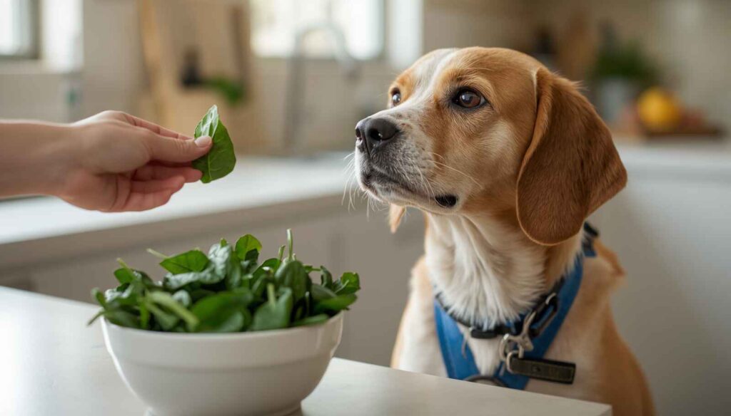 Healthy dog sitting beside fresh spinach leaves while being offered a small spinach treat