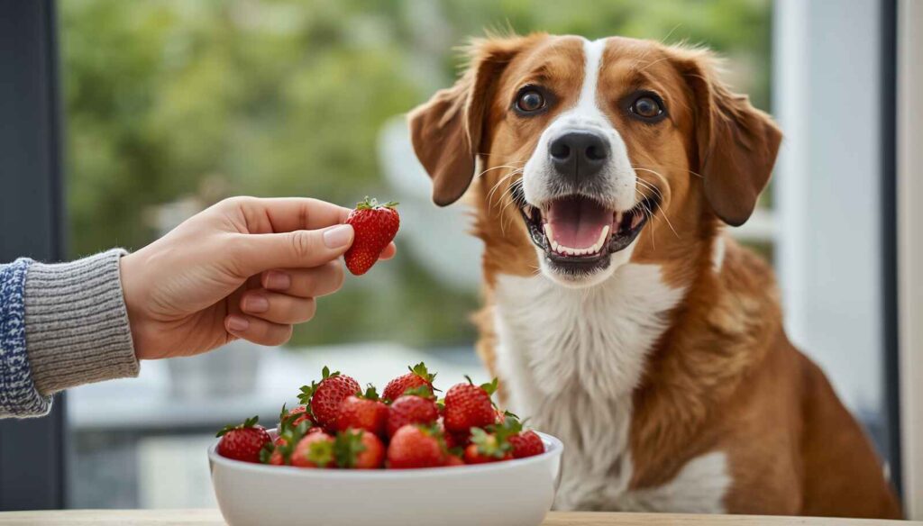 Happy dog sitting beside a bowl of fresh strawberries while receiving a strawberry treat