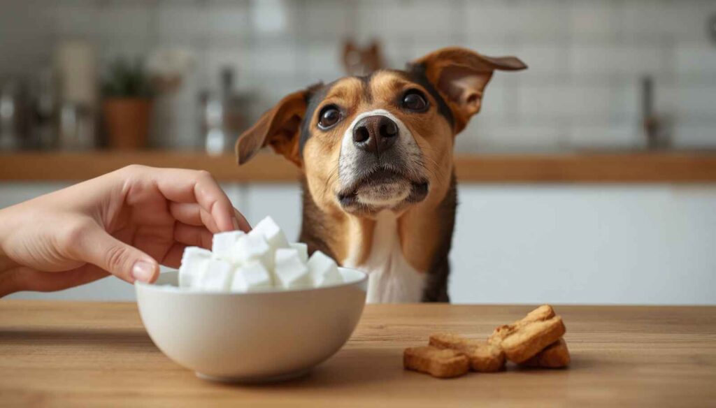 Curious dog looking at sugar cubes and sugary treats on a kitchen table