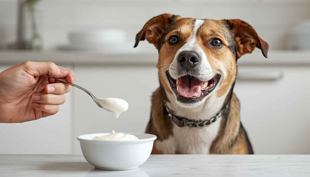 Healthy dog sitting beside a bowl of plain yogurt while receiving a yogurt treat from its owner