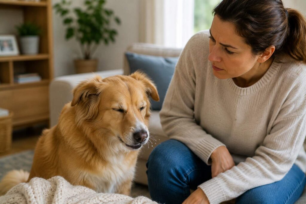 Dog sneezing at home while its concerned owner watches for cold-like symptoms