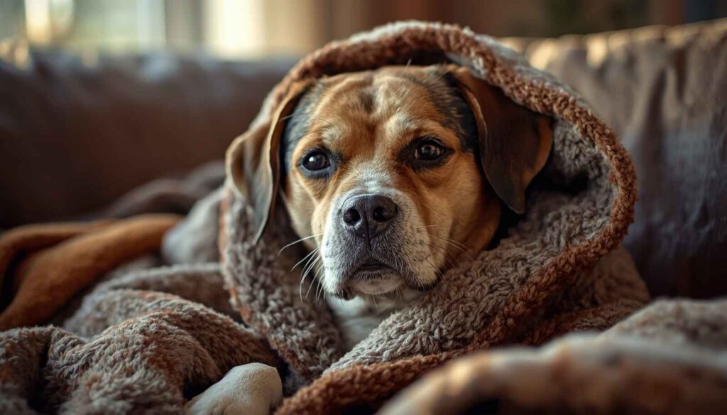 Dog with mild cold-like symptoms resting indoors while a caring owner watches nearby