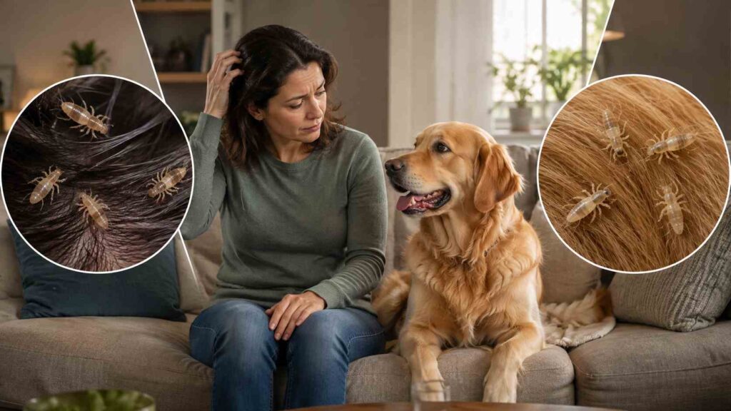 Adult dog owner beside a healthy dog with a visual comparison of human head lice and canine lice.