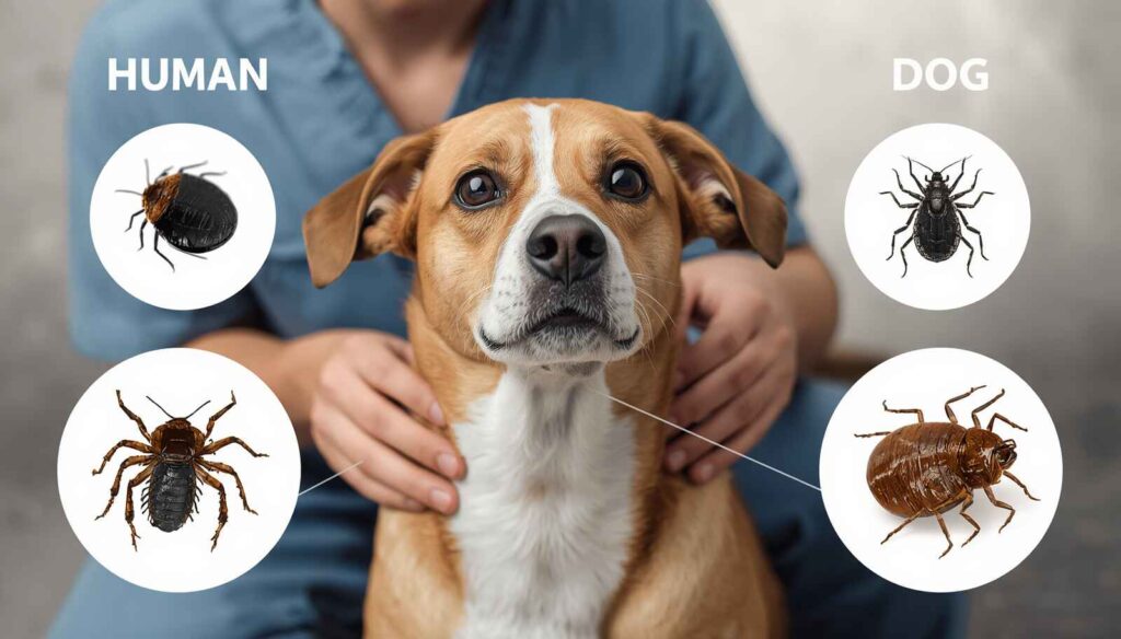 Dog sitting beside its owner with educational graphics comparing human lice and dog lice