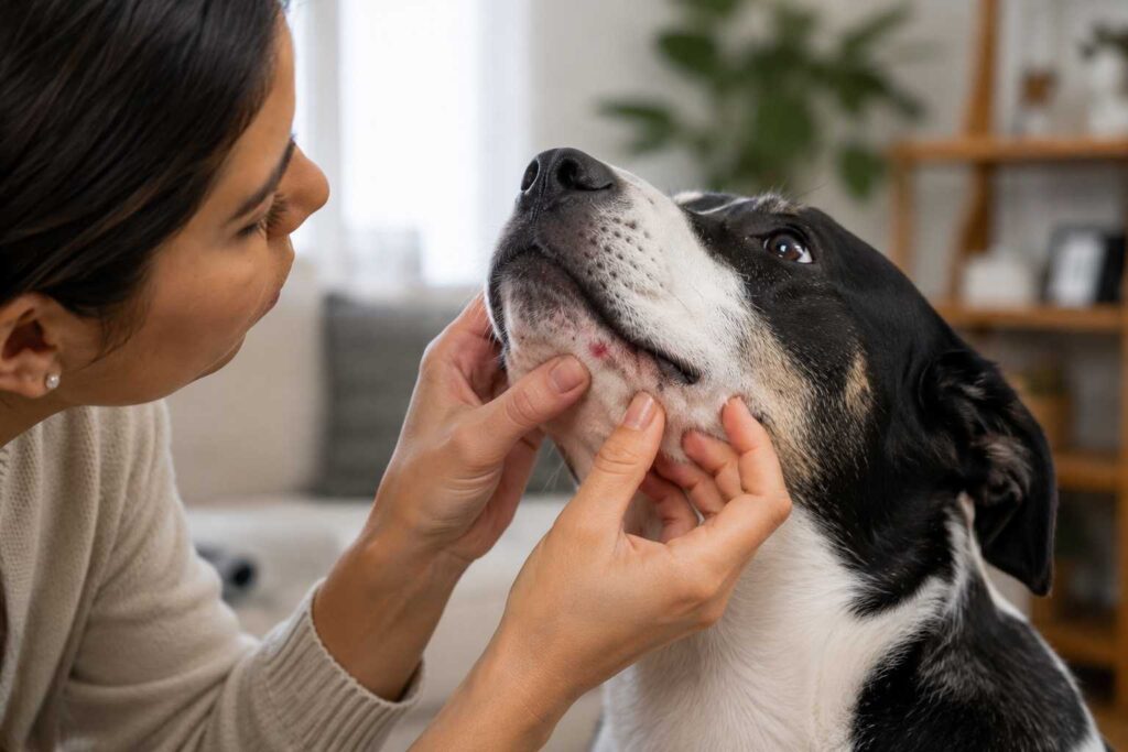 Dog owner examining small red pimple-like bumps around a young dog’s chin and muzzle.