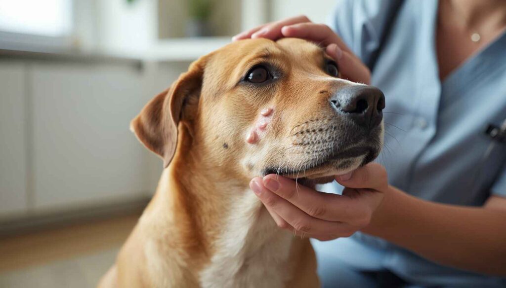 Dog with small pimples on its chin and muzzle being examined by a caring owner
