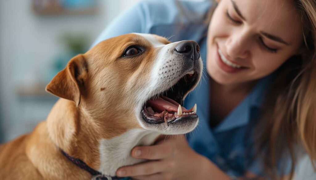 Dog showing signs of throat discomfort while being observed by a caring owner