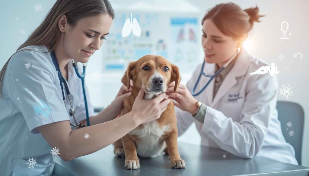 Veterinarian examining a dog with flu-like respiratory symptoms