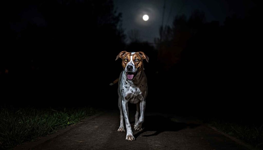 Dog walking confidently outdoors at night under low-light conditions