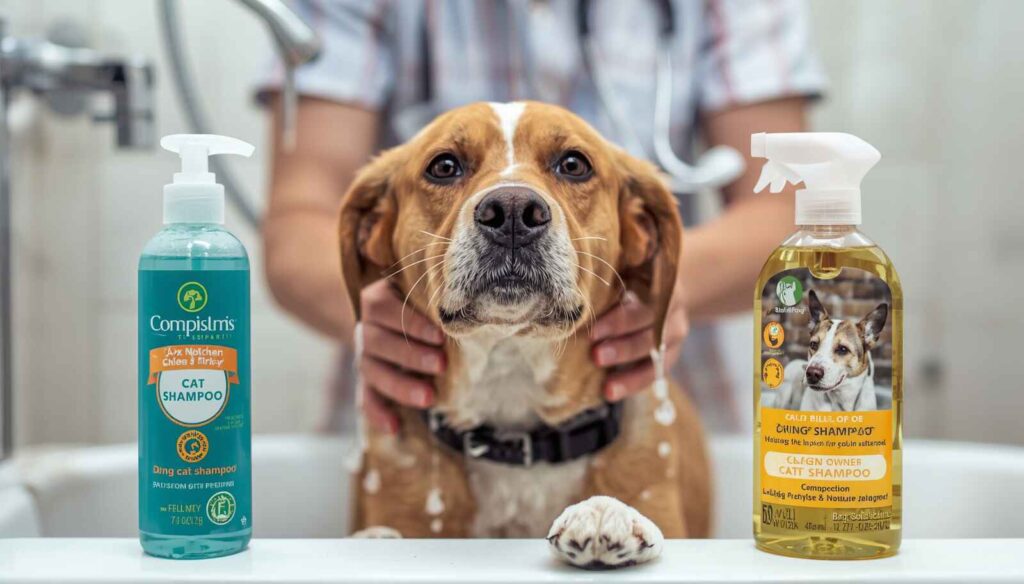 Dog being bathed while cat shampoo and dog shampoo bottles are displayed side by side
