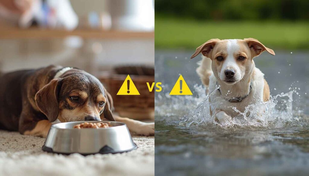 Comparison of a dog resting after a meal and a dog exercising outdoors