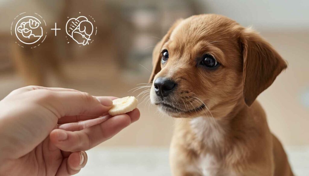 Young puppy being offered a small piece of banana by its owner