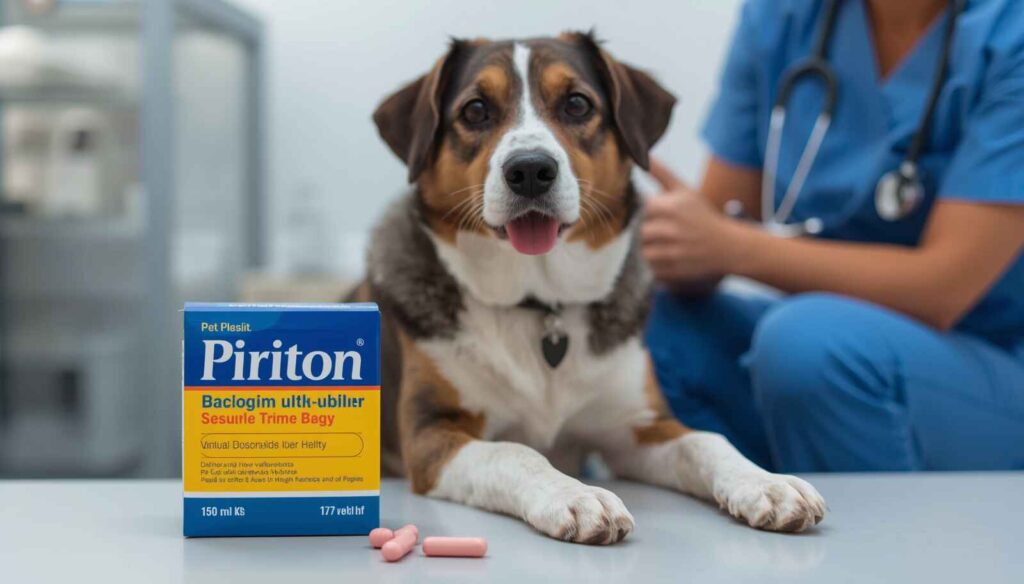 Dog sitting beside Piriton medication while a veterinarian advises the owner