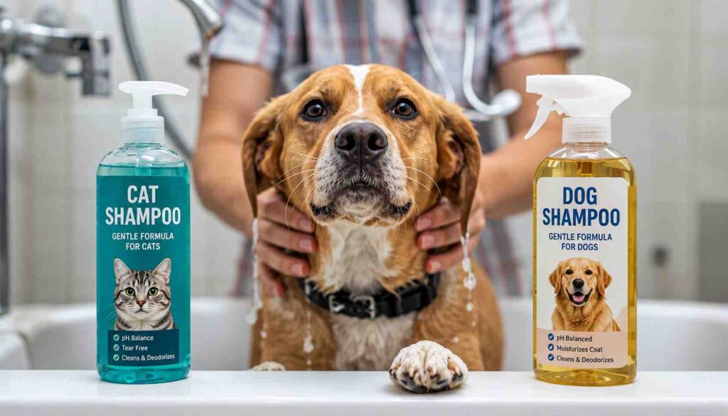 Dog owner comparing cat and dog shampoo bottles before bathing a Golden Retriever.