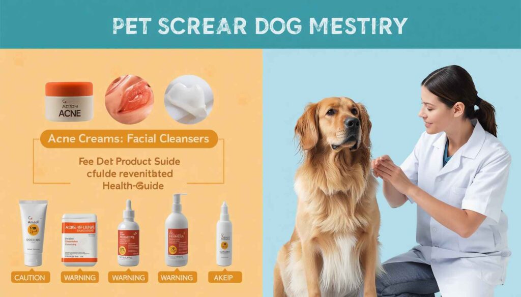Human acne creams and skincare products displayed with warning symbols near a dog