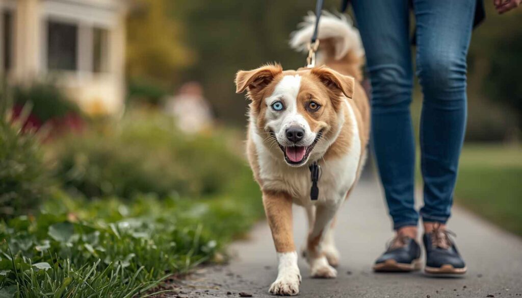 Dog with cloudy eyes walking confidently outdoors with its owner