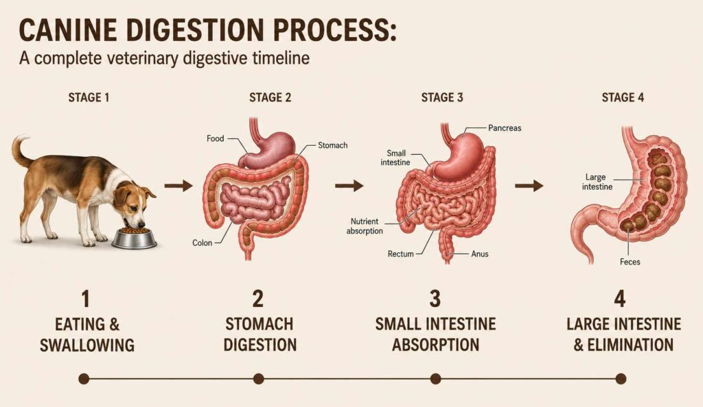 Infographic showing the four stages of dog digestion from eating to elimination