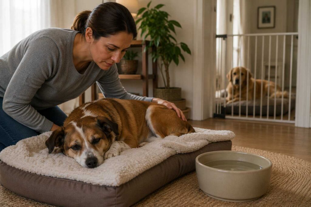 Dog resting comfortably at home with fresh water nearby while recovering from respiratory symptoms